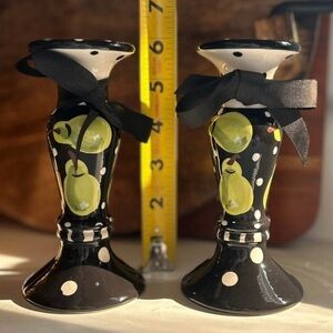Pair of Lynn Morris Ceramic Candlesticks — Black and White Polkadot with Green